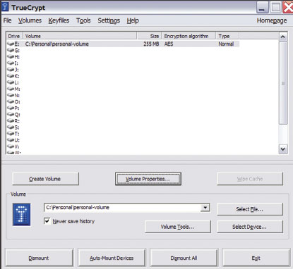 Экран 5. Интерфейс TrueCrypt со смонтированным шифрованным томом