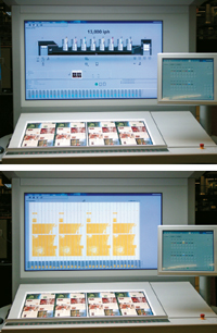 Начиная сDrupa новым пультом Prinect Press Center будут комплектоваться машины Speedmaster всех форматов. Внём объединены операции поприводке инастройке красочных зон. ФункцияIntellistart во время печати тиража позволяет начать подготовку кследующему. Набольшом световом экране печатник отследит все процессы, вт. ч. профиль печати сдинамическим отображением функций, настройку поданным изпрепресса сотображением печатных листов скрасочными зонами вмасштабе 1:1 