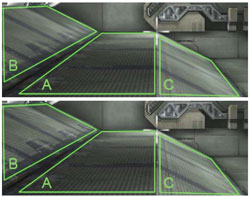 Пример работы алгоритмов типичной фильтрации (наверху) и анизотропной фильтрации G80 (внизу) в игре Unreal Tournament 2004 (внимание на секции B и C)