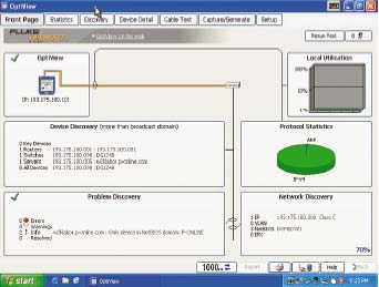 Рисунок 2. Обзор сети: анализатор OptiView отображает на своей стартовой странице все основные параметры. 