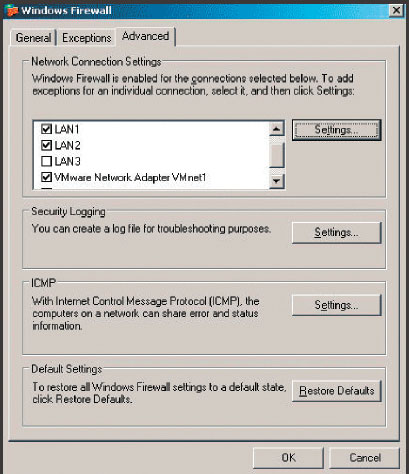 Экран 1. Настройки сетевых подключений и службы Windows FirewallAC