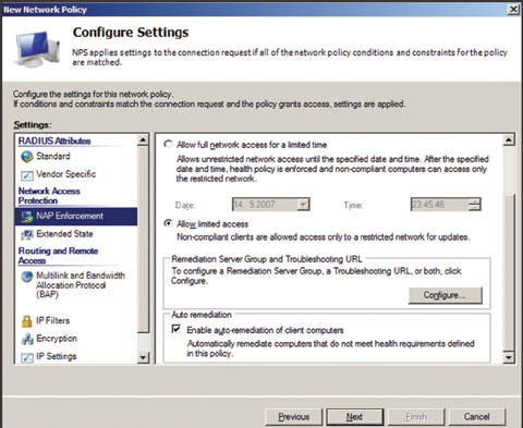 Экран 6. Настройка принудительного применения NAP