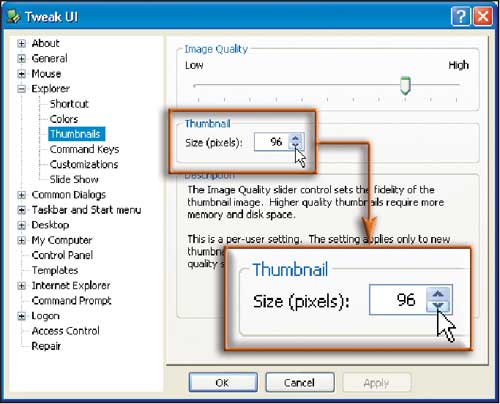 Рис. 4. Уменьшить размеры эскизов можно с помощью программы Tweak UI из пакета Power Toys for Windows