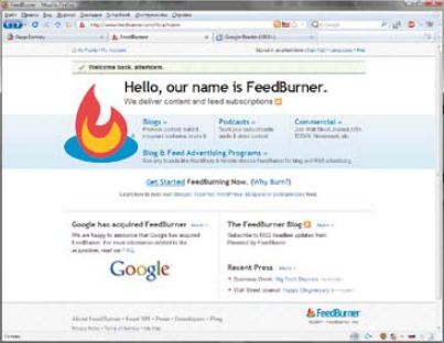 Онлайновые сервисы могут быть использованы не только для создания новых RSS-лент, но и для улучшения уже существующих. Пожалуй, самый удачный сервис данного класса — проект Feedburner, принадлежащий поисковому гиганту Google. Он достаточно тесно связан со службой контекстной рекламы AdSense, так что при желании можно включить в свою ленту контекстную рекламу
