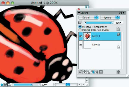 Шаг 3. Теперь дорисуем наше насекомое наиболее удобными растровыми инструментами. Но предварительно имеет смысл включить чекбокс Preserve Transparency. Этот незамысловатый маневр предотвратит случайное рисование вне контура объекта 