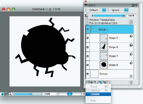 Шаг 2. Одного векторного объекта в нашем примере может не хватить. Поэтому, после того как вы нарисуете семейство объектов, их необходимо сгруппировать (<Ctrl>+G), а затем «сплющить», применив к группе команду Collapse 