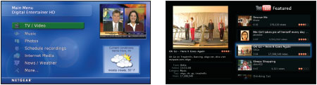 Широкоэкранные меню: основной экран пользователя Netgear (слева); интерфейс сервиса YouTube в системе Apple TV