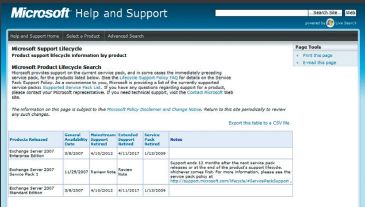 Экран. Периоды поддержки для Exchange 2007