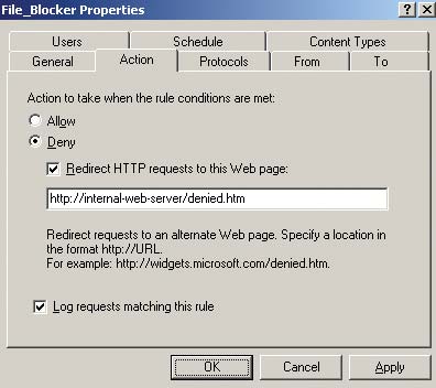 Рисунок Б. Указание URL для демонстрации специализированной страницы с извещением об отказе в доступе