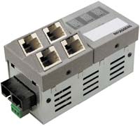 Рисунок 1. Инсталляционный микрокоммутатор с портом для каскадирования 1000BaseX и четырьмя портами 10/100/1000BaseT.