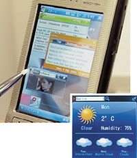 «Погодный» виджет показывает текущую метеосводку, а также прогноз; виджет работает в среде Access NetFront 3.5