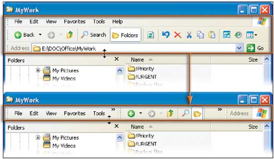 Рис. 2. Для быстрого сворачивания или разворачивания Панелей инструментов в окнах папок и приложений просто сдвигайте горизонтальные края нужной панели вверх или вниз