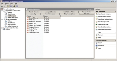 Экран 3. Настройка параметров для борьбы со спамом на сервере Hub Transport