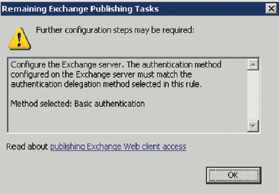 Экран 5. Напоминание ISA Server о необходимости назначить проверку подлинности сервера Exchange