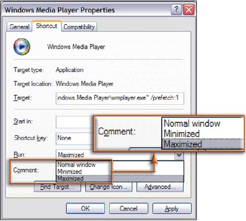 Рис. 1. Чтобы приложение сразу же раскрывалось во весь экран, выберите соответствующую опцию в окне свойств его ярлыка