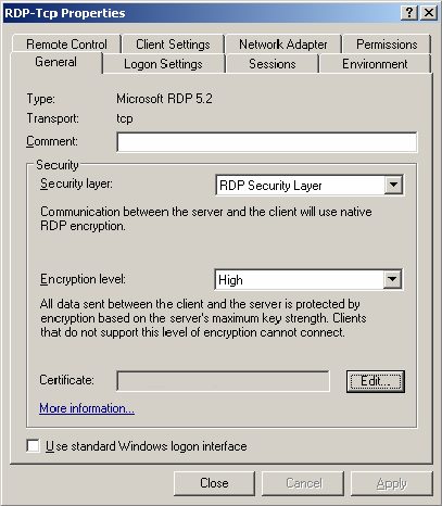 Рис. 1. Назначьте уровень безопасности RDP
