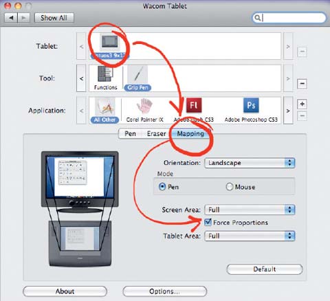 Рис. 2. Мэппинг для Wacom Intuos3 — приведение пропорций монитора к пропорциям графического планшета