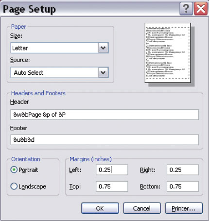 Рис. 5. Чтобы веб-страница печаталась полностью, измените размеры полей в диалоговом окне параметров страницы браузера Internet Explorer