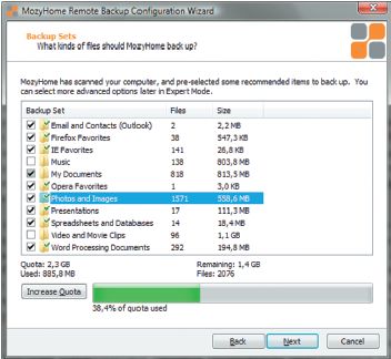 Клиент Mozy автоматизирует поиск файлов для создания первоначального архива данных