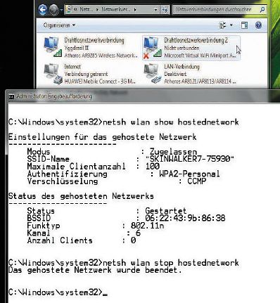 Рисунок 2. Без командной строки не обойтись:  в настоящее время в Windows 7 нет графического пользовательского интерфейса для виртуального адаптера WLAN, поэтому приходится довольствоваться командной строкой.