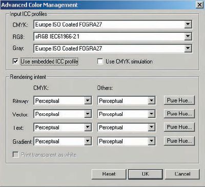 Рис. 2. Окно Advanced Color Management (растровый процессор PhotoPrint), несмотря на название, содержит базовые и необходимейшие настройки системы управления цветом: цветовые профили имитируемых устройств (Input ICC Profiles) и методы преобразования цвета (Rendering Intent) для различных объектов