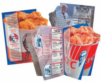 Высокоскоростная контурная высечка в линию для газеты KFC, выполненная наоборудовании Scheffer. Вложения часто рассылаются во все домашние хозяйстварегиона: с помощью местных газет, а также по почте в дома, где на нихне подписываются