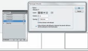Хаотично расположенные рабочие области можно в любой момент упорядочить функцией Rearrange Artboards из палитры Artboards