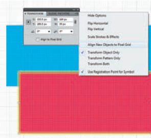 Для новых объектов режим привязки к пиксельной сетке включается и в подменю палитры Transform