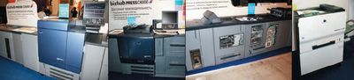 Начало продаж Konica Minolta bizhub PRESS C8000 (слева) запланировано на январь 2011 г. по цене от 135 000 евро. У ЦПМ есть младший брат — 60-страничная C6000 (слева в центре). Справа в центре — желающие могли ознакомиться с особенностями работы послепечатных модулей монохромной bizhub RPO 1051, рассмотреть процесс через специально изготовленные дверцы с окошками. А цветной 25-страничный magicolor 7450II GA (справа) уже хорошо известен в России