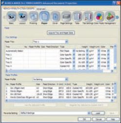 Интерфейс драйвера собственного контроллера Konica Minolta заметно отличается от привычных решений от EFI или Creo. Зато он весьма плотно интегрирован с машиной. Например, здесь можно увидеть, что драйвер считывает типы загруженной в разные лотки бумаги