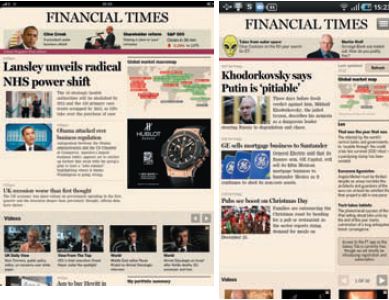 Первая полоса The Financial Times, как она выглядит на iPad (слева) и на Samsung Galaxy Tab