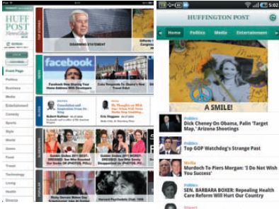 Бесплатное издание, которое читают: заглавные страницы приложений The Haffington Post для iPad (слева) и Android