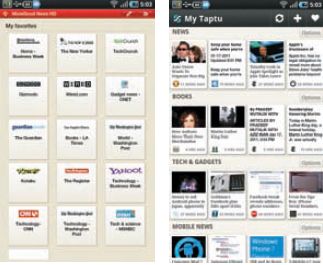 На Android-планшетах всё попроще: окна агрегаторов MoreGood-NewsHD (слева) и MyTaptu на экране Galaxy Tab