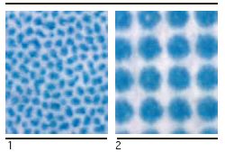 1. Зависимость АТР (Staccato) с расширенным цветовым охватом от насыщенности и светлоты. Источник: Kodak Graphic Communications Group/   2. В традиционных AM-растрах с низкой линиатурой оптическое усиление меньше, а значит, и цветовой охват уже.