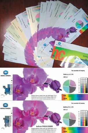 Изготовленный на C70hc веер демонстрирует печать на разнообразных видах бумаги из дизайнерских коллекций и картонах. Кроме этого, в нём для сравнения есть образцы, напечатанные на одинаковой бумаге, но на разных принтерах: C70hc и С6000. К сожалению, триадная журнальная печать не может передать, насколько первый отпечаток ярче второго 