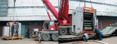 Для погрузки на транспорт использовались специальные прицепы-тележки грузоподъёмностью 40 т и мощный подъёмный кран 