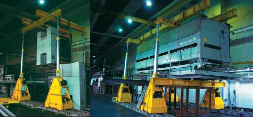 Перемещение многотонных частей такого точного механизма, как печатная машина, и таких громоздких устройств, как газовая сушка, требует опыта и специального оборудования. Для монтажа используются две домкратные портальные системы грузоподъёмностью 125 т