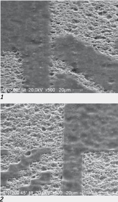 1 — Микрофотография фиолетовой печатной формы; 2 — Микрофотография термальной печатной формы (Источник: Kodak GCG)