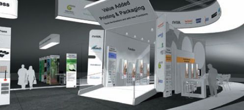 Фрагмент дизайна стенда PrintCity на Drupa-2012. Гигантская коробка Value Box займёт место в середине павильона 6. Вокруг — стенды участников альянса. Предоставлено  PrintCity