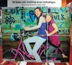 В Нетанье нам показали возможности сквозной настройки цветопередачи в рамках гибридных техпроцессов с помощью ПО GMG Color. Изображение составлено из шести фрагментов, напечатанных на четырёх разных принтерах HP Scitex, трафаретной и офсетной машинах