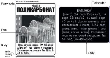 Два варианта оформления платных объявлений. На выносках— названия стилей форматирования текста: основной текст — Body, дополнительные — имеют приставки Foto- и Txt-соответственно