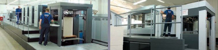 Speedmaster CD 102-5+LX благодаря подъёму на полметра имеет высоту стопы не 120 см, как обычно, а 170 см, как и Dymatrix: неслучайно ёмкость стапеля Dymatrix 106 гораздо больше, чем у многих других машин для высечки листов первого формата. Зато высокие стопы сразу после печати отправляются на высечку, работа с картоном становится быстрее и эффективнее 