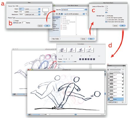  Рис. 3. Создаем motion-файл:a — создание нового файла; b — предполагаемое количество кадров анимации; c — число видимых кадров в меню предпросмотра; d — меню Frame stacks (массивы кадров)