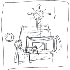 Рис. 1. Так выглядит эскиз, на котором в одном кадре нарисована вся анимационная сцена. Это необходимо, чтобы ясно представлять себе, сколько каких элементов предстоит нарисовать