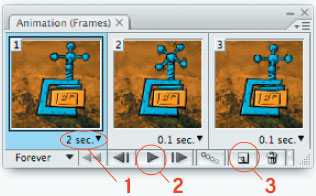 Рис. 4. Совмещаем все элементы и открываем окно анимации: 1 — выпадающее меню длительности кадра; 2 — кнопка просмотра анимации; 3 — пиктограмма, с помощью которой вы копируете текущий кадр для внесения в него изменений