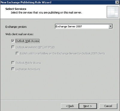 Экран 1. Выбор версии Exchange и службы для публикации