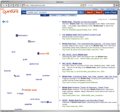 В настоящее время поиск в Internet работает в пилотном режиме. Собственного индекса у Quintura нет, и поэтому она анализирует выдачу других поисковых систем: Yahoo — в международной и Yandex — в русской версии сайта. При обработке поискового запроса она получает 100 аннотаций от внешней поисковой системы, на основе которых строит карту, или облако из ключевых слов, связанных с поисковым запросом, которые позволяют пользователю уточнить параметры поиска