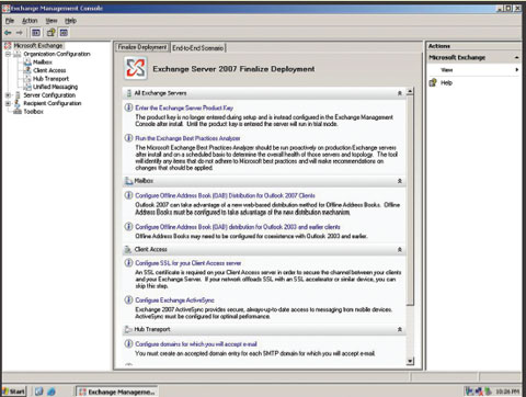 Экран 1. Просмотр задач по настройке в Exchange Management Console