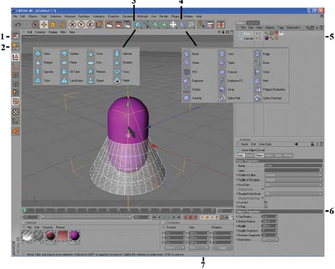 Рис. 2. Расположение основных элементов управления программы Cinema 4D 10-й версии. Показан вид окна в режиме Standard