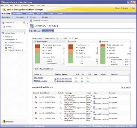 Veritas Storage Foundation Management Server обеспечивает централизованное представление и возможности единого управления ресурсами хранения